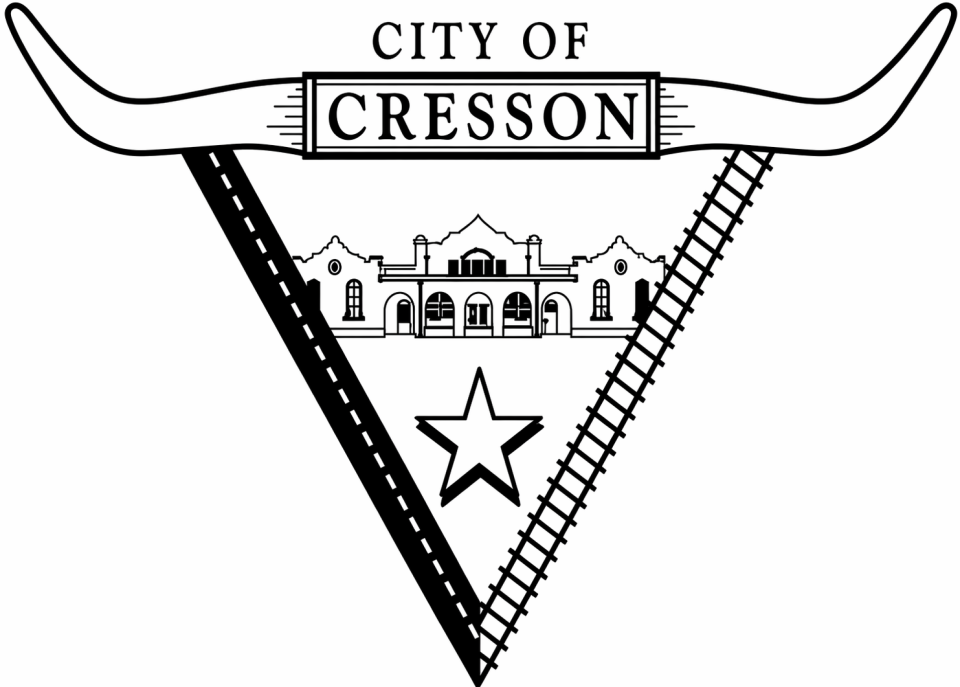 City of Cresson logo is a black and white equilateral triangle with one of the bases oriented at the top and one of the verticies oriented at 270 degrees. In the triangle is the historic Cresson building and below it is the Texas star. The triangle base a